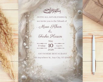 Elegant Islamic Wedding Invitation, Floral Arabic Wedding Invitation, Arabic Calligraphy Invitation, Nikkah Template Editable Template