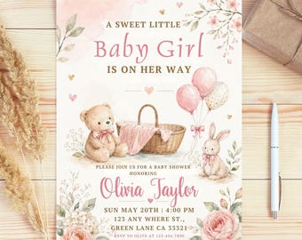 Pink Baby Clothes Sweet Baby Girl Invitation, Pink Floral Clothesline Invite, A Sweet Baby Girl is on Her Way Baby Shower, Digital Download