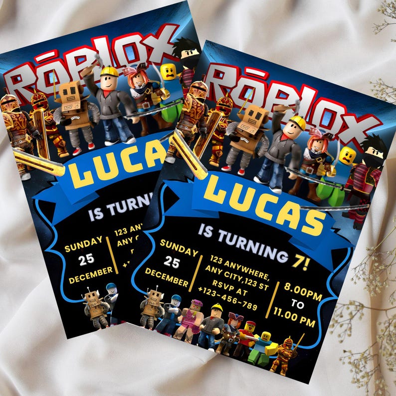 May include: Two Roblox-themed birthday party invitations. The invitations feature the Roblox logo and various character illustrations. The text on the invitations reads "LUCAS IS TURNING 7!" with event details including date, time, and RSVP information.
