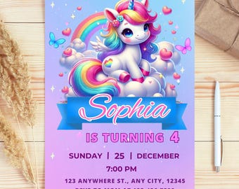 Unicorn Rainbow Girl’s Birthday Party Digital Invitation Template, Pink Unicorn Invite, Printable Digital invitation