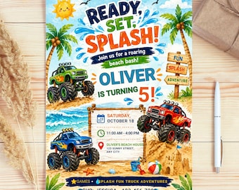 Watercolor Monster Truck Pool Party Invitation: Editable Canva Template, Truck Pool Party Birthday Invitation