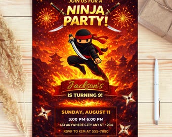 Ninja Birthday Invitation, Ninja Warrior Party Invitation Template, Karate Boys Birthday Invite, Lets Kick, Instant Download