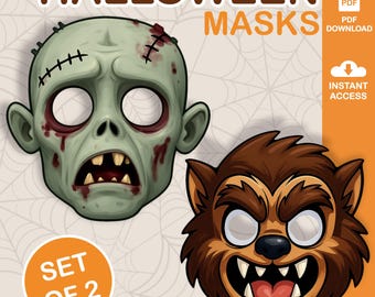 Zombie Werewolf Mask Set, Kids Halloween Masks, Printable Costume PDF, Instant Download Party Mask