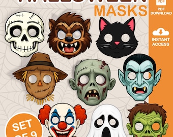Printable Halloween Masks for Kids, 9 DIY Costume Designs, PDF Download