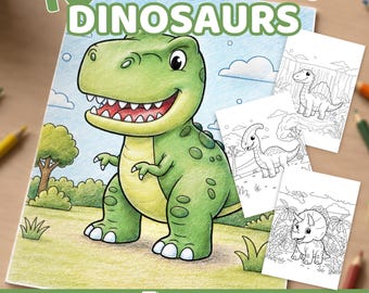 May include: A set of 10 coloring pages featuring dinosaurs, including a large colored illustration of a green T-Rex in a landscape and three smaller black and white line art sheets showing various dinosaurs in natural settings with text.