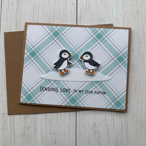 May include: A handmade greeting card with a plaid pattern in shades of blue, gray, and white. Two cartoon puffins stand on a cloud, with the text "Sending love to my stud puffin" below. Includes a brown envelope.