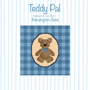 May include: A cross-stitch design featuring a brown teddy bear with a blue bow tie, set against a blue plaid background. The text "Teddy Pal" and "Kensington June" are displayed above and below the bear.