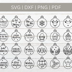 Può includere: Una collezione di disegni di ornamenti natalizi in stile line art. Ogni ornamento presenta un'immagine o un testo a tema festivo diverso, tra cui fiocchi di neve, renne, gnomi e frasi festive come "Merry Christmas".