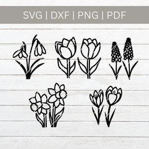 Puede incluir: Dibujos lineales en blanco y negro de varias flores de primavera, como tulipanes, narcisos y campanillas de invierno. La imagen incluye el texto "SVG | DXF | PNG | PDF".