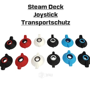 Könnte beinhalten: Eine Auswahl an Steam Deck Joystick Transportschutz in Schwarz, Rot, Weiß und Blau. Der Text "Steam Deck Joystick Transportschutz" ist über den Protektoren zu sehen. Die Protektoren sind für Joysticks konzipiert.