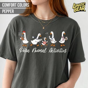 May include: Dark grey t-shirt with a whimsical illustration of cartoon geese engaged in various activities. The text "Para Normal Activities" is printed below the geese. The shirt also features the text "Comfort Colors Pepper" and the "Lunatic Bear" logo.