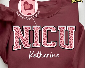 Custom NICU Sweatshirt, Pink Leopard Heart Neonatal Nurse Valentine Gift, Personalized Baby RN Crewneck