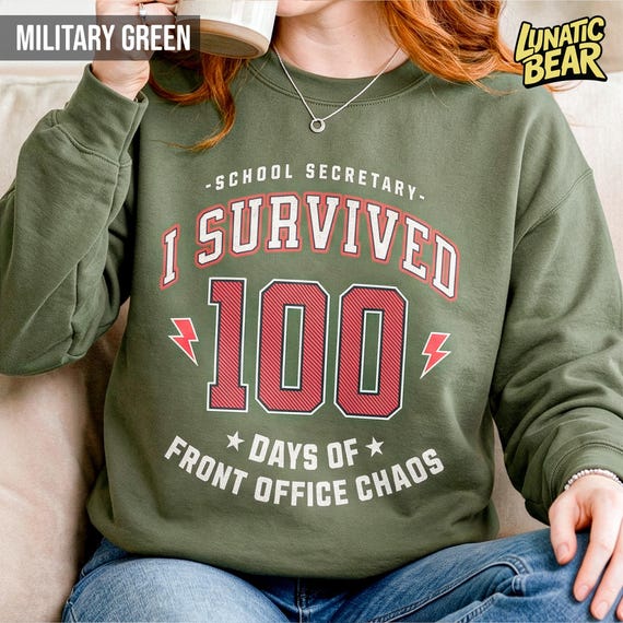 School Secretary Sweatshirt, I Survived 100 Days of Front Office Chaos Gift, Admin Crewneck