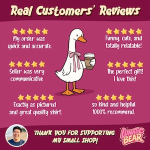 May include: A cartoon image with a white goose holding a coffee cup, surrounded by customer reviews. The reviews include phrases like "quick and accurate," "funny, cute," and "perfect gift." The text "Thank you for supporting my small shop!" is also present.