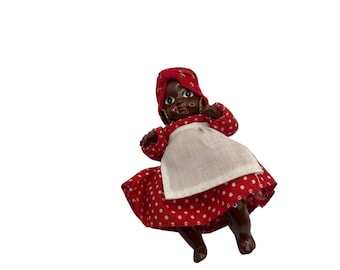 Vintage African-American Doll Red Polka Dot Dress Apron Bonnet Figurine
