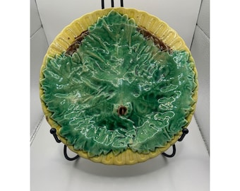 Vintage Majolica Leaf Plate Yellow Green Brown Embossed Ceramic Dish