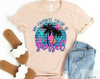 Camiseta de verano: camiseta gráfica para damas, sol, el color favorito es la puesta de sol