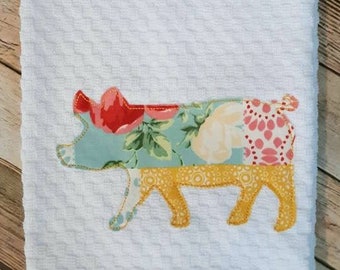 Floral Pig Kitchen Towel- made to match, farmhouse, country, red and turquoise