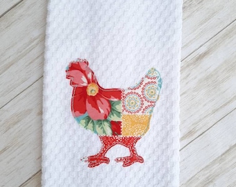 Floral Chicken Kitchen Towel- made to match, farmhouse, country, red and turquoise