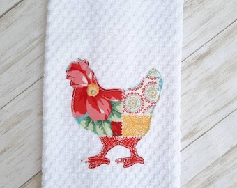 Toalla de cocina de pollo floral: hecha a juego, granja, campo, rojo y turquesa