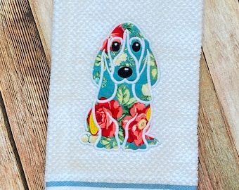 Floral Charlie Kitchen Towel- made to match, farmhouse, country, red and turquoise, basset hound