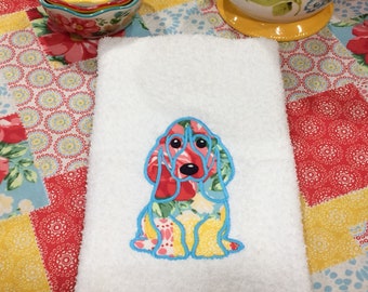 Floral Charlie Kitchen Towel- made to match, farmhouse, country, red and turquoise, basset hound