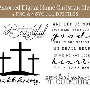 Pode incluir: Arquivos digitais cristãos com citações bíblicas e imagens. O design inclui três cruzes em uma colina, com as palavras "Beautiful" e "on a hill far away". Texto adicional inclui "And let us not grow weary while doing good" e "Come Lord Jesus, be our guest."