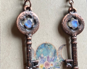 Vintage French Skeleton Key  Rose Quartz  Electroformed Copper  Pendant Necklace  Handmade Jewelry