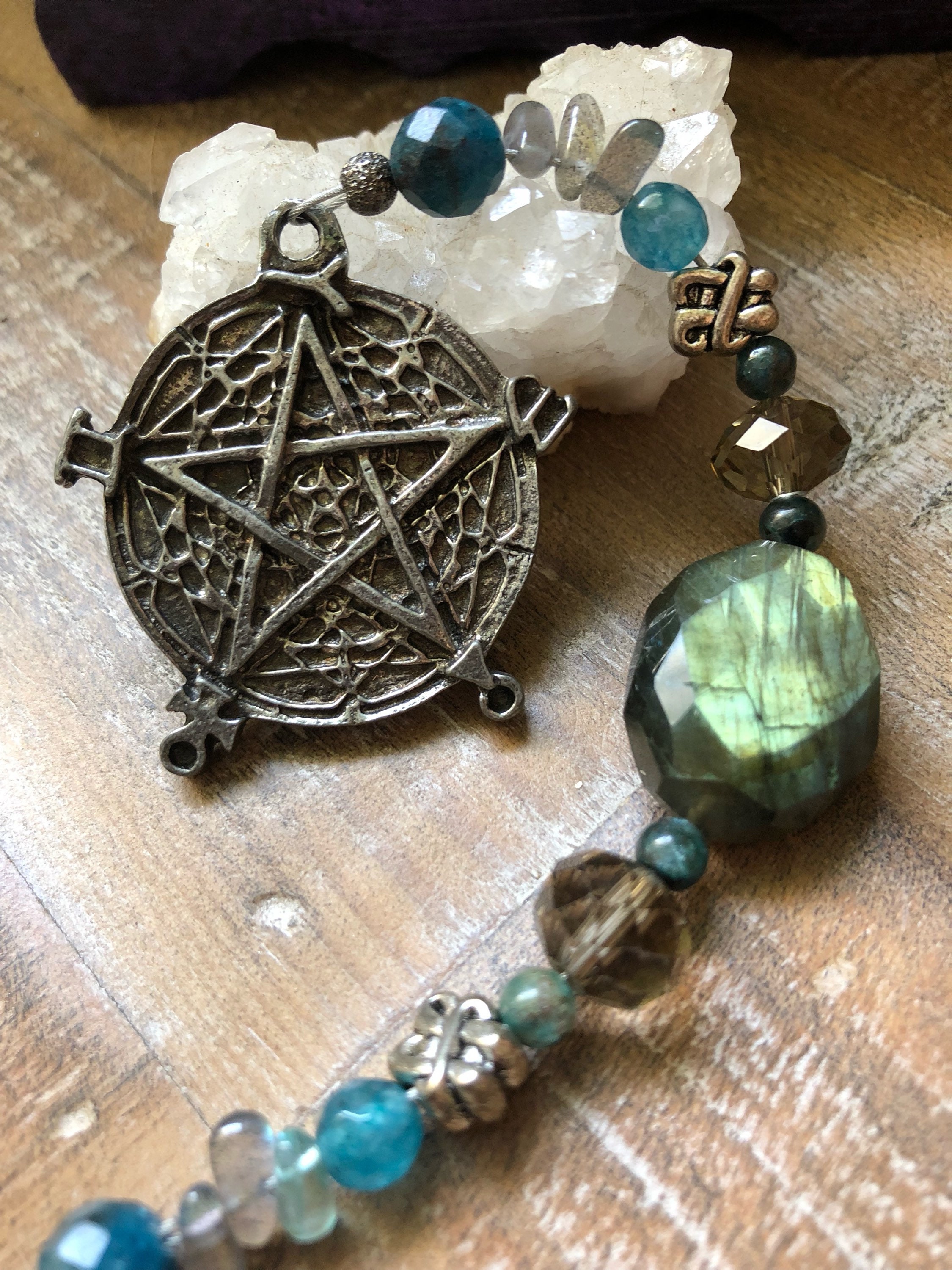 As Above So Below Pentagram Gemstone & Crystal Car Mirror