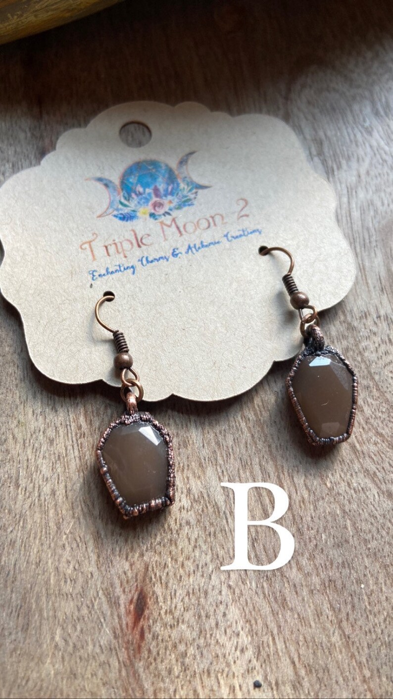 Gray Moonstone Coffin Earrings Coffin Earrings Moonstone Earrings Coffin Jewelry Witchy Jewelry Copper Electroformed Earrings