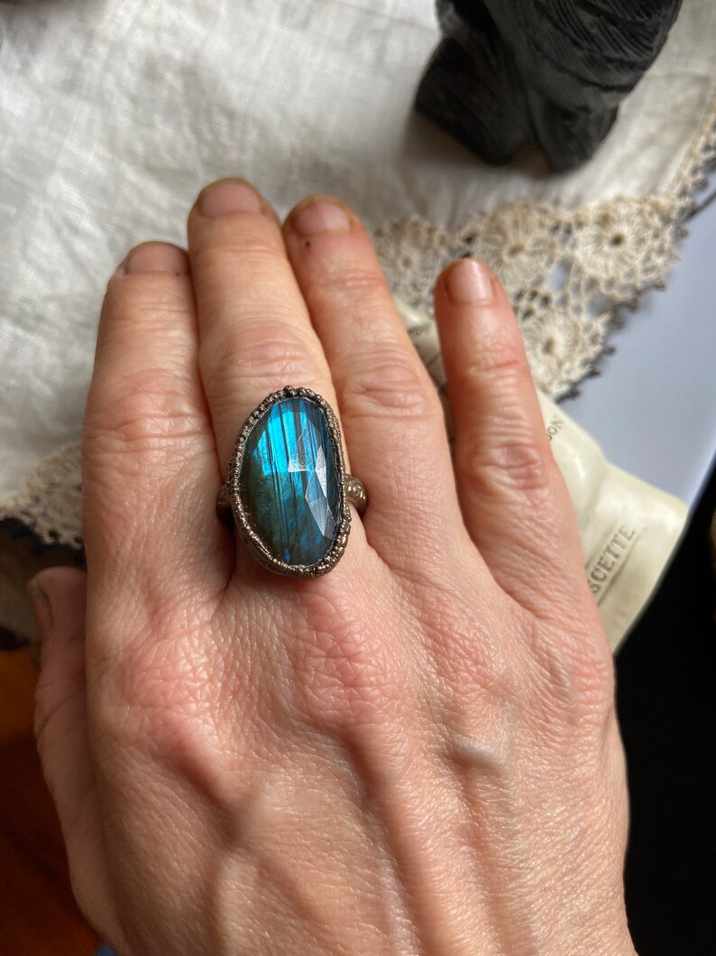 Copper Electroformed Labradorite Ring Boho Jewelry Labradorite Jewelry Faceted Blue Labradorite Ring Statement Ring