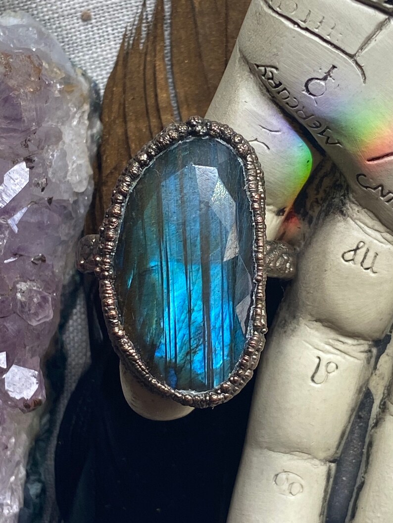 Copper Electroformed Labradorite Ring Boho Jewelry Labradorite Jewelry Faceted Blue Labradorite Ring Statement Ring
