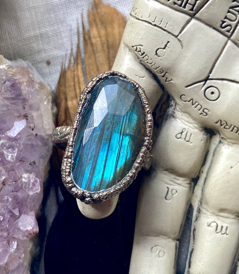 Copper Electroformed Labradorite Ring Boho Jewelry Labradorite Jewelry Faceted Blue Labradorite Ring Statement Ring