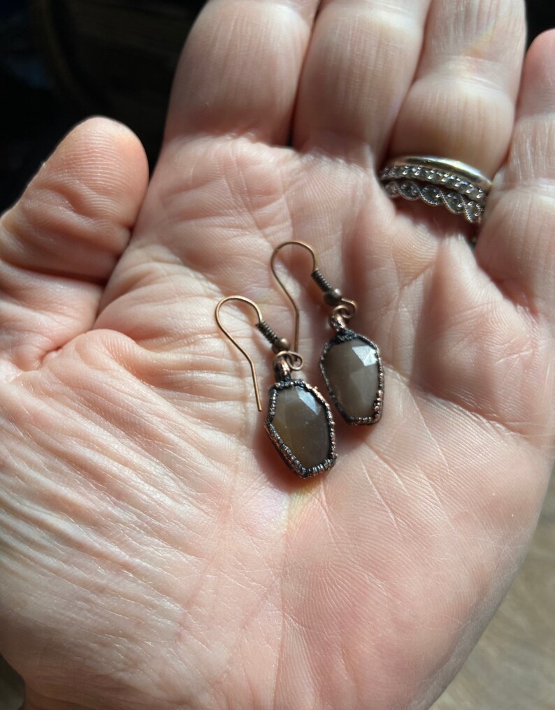 Gray Moonstone Coffin Earrings Coffin Earrings Moonstone Earrings Coffin Jewelry Witchy Jewelry Copper Electroformed Earrings