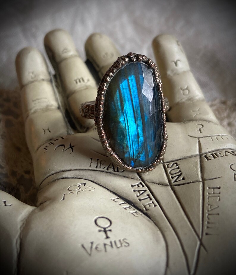 Copper Electroformed Labradorite Ring Boho Jewelry Labradorite Jewelry Faceted Blue Labradorite Ring Statement Ring