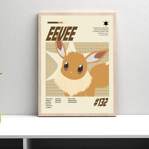 May include: A rectangular wall art print featuring a brown Eevee character illustration centered on a cream background with a grid pattern. The text EEVEE is printed in large brown letters at the top, with #132 at the bottom right corner.
