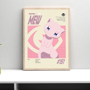 Op de afbeelding: Een ingelijste poster met een roze cartoonfiguur met blauwe ogen, met het label "Mew". De achtergrond is lichtbeige met roze rasterlijnen en een oogafbeelding. De poster staat op een witte plank.