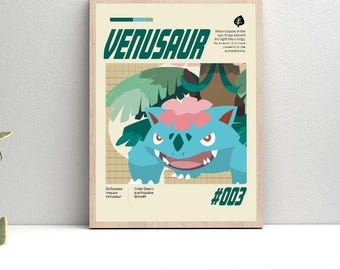 Può includere: Una stampa artistica da parete rettangolare incorniciata che presenta un'illustrazione stilizzata della creatura Venusaur. Il design include il testo VENUSAUR, #003 e paragrafi descrittivi in carattere verde scuro su sfondo crema con griglia.