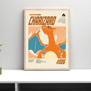 Puede incluir: Un póster enmarcado con una ilustración naranja de Charizard con alas azules, sobre un fondo de cuadrícula crema y naranja. La palabra "CHARIZARD" se muestra en letras naranjas. El póster incluye el número #006.