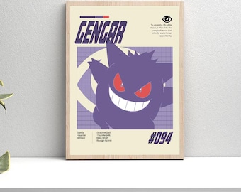Può includere: Un poster rettangolare raffigurante un personaggio Gengar viola con occhi rossi e un ampio sorriso. Il design include il testo GENGAR, #094, e del testo descrittivo su uno sfondo color crema con un motivo a griglia viola, incorniciato in legno chiaro.