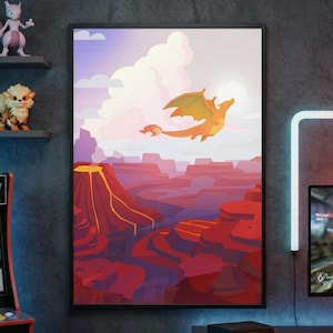 May include: A framed vertical wall art print featuring a stylized orange dragon flying over a red volcanic landscape with a bright sun and large white clouds against a pale purple sky, displayed in a room with gaming decor and shelves.