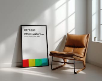 Può includere: Un poster rettangolare incorniciato con sfondo bianco che presenta il testo nero KEEP GOING. YOUR NEXT EVOLUTION IS CLOSER THAN YOU THINK. CHARMANDER - PIKACHU - BULBASAUR - SQUIRTLE. Quattro quadrati colorati in rosso, giallo, verde e blu sono in basso.