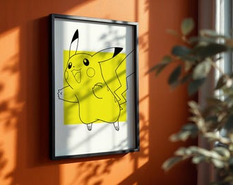 Può includere: Una stampa artistica da parete incorniciata che presenta un disegno al tratto nero minimalista del personaggio giallo Pikachu centrato su un quadrato giallo solido su sfondo bianco. Il personaggio ha orecchie a punta con punte nere e una coda a fulmine.