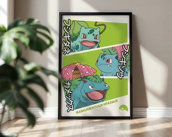 Può includere: Un poster verticale incorniciato che mostra tre creature blu-verdi in pannelli diagonali separati su uno sfondo verde chiaro. Il testo include caratteri giapponesi e i nomi inglesi Bulbasaur, Ivysaur e Venusaur con una piccola icona circolare.