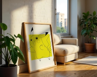 Può includere: Una stampa artistica incorniciata che presenta un disegno al tratto nero minimalista di un personaggio Pikachu giallo su uno sfondo quadrato giallo solido. L'opera è racchiusa in una cornice di legno chiaro, mostrando un design grafico pulito.