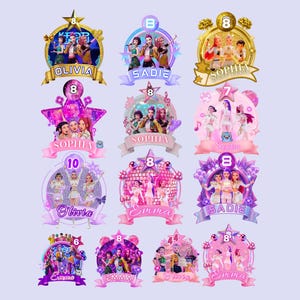 May include: A selection of vibrant birthday party decorations with images of young girls, stars, and the names Olivia, Sadie, Sophia, and Emma. Each design includes a number, such as 8, 7, 10, or 6, set against a light purple background.