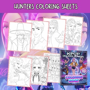 May include: A collection of coloring sheets and a coloring book featuring K-Pop Demon Hunters. The coloring sheets display black and white line art of various characters. The coloring book cover shows the title and images of the characters.