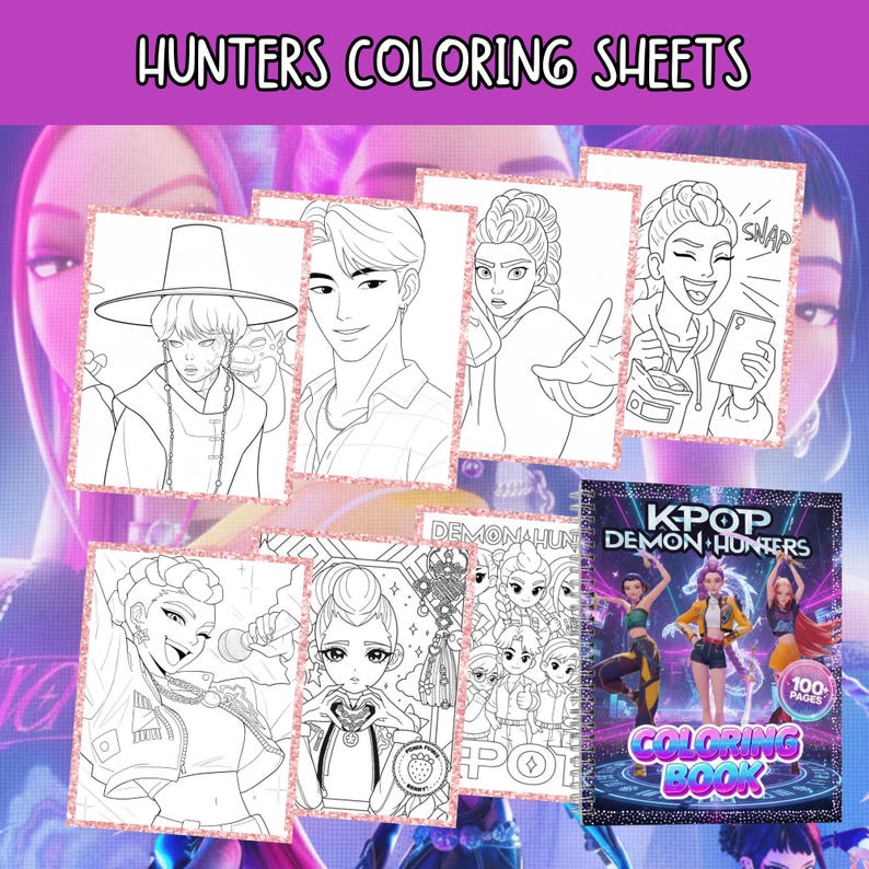 May include: A collection of coloring sheets and a coloring book featuring K-Pop Demon Hunters. The coloring sheets display black and white line art of various characters. The coloring book cover shows the title and images of the characters.