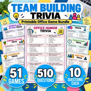 Puede incluir: Un paquete de juegos de oficina imprimibles titulado Team Building Trivia que incluye varias hojas de juego como Office Humor, Workplace Myths y Communication Trivia. El set contiene 51 juegos, 510 preguntas y 10 preguntas por hoja.