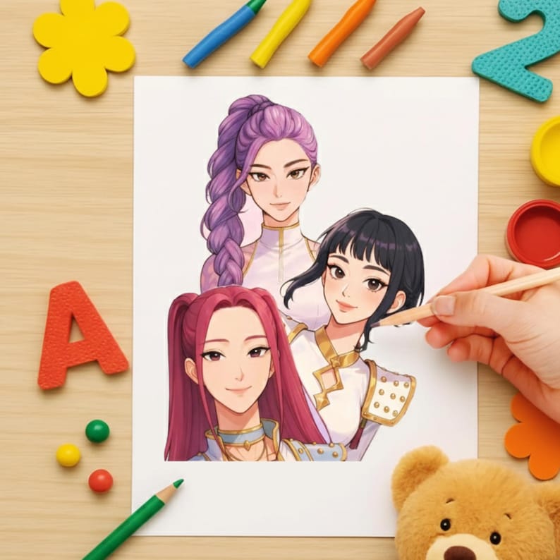 May include: A drawing of three women with different hairstyles and outfits. The drawing is on white paper, with a hand holding a pencil. Crayons, wooden letters, and a teddy bear are scattered around the paper.
